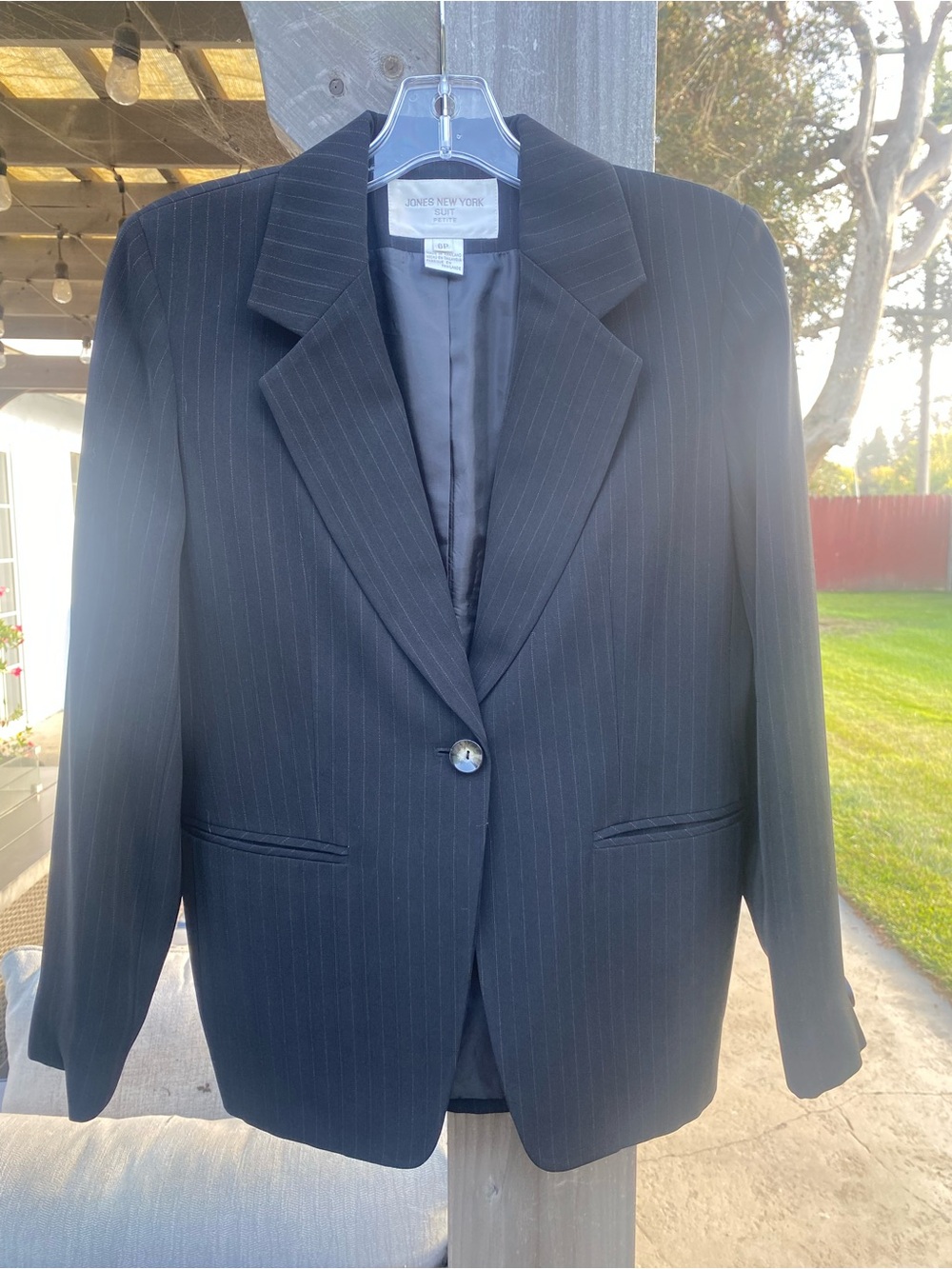 Jones New York Black Pinstripe Single-Button Blazer
